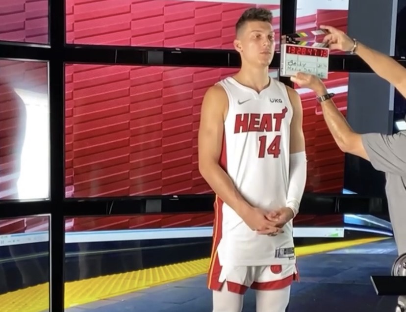 Miami Heat Media Day with titan tube lighting fixtures and a handheld camera to capture player gladiator promo shots