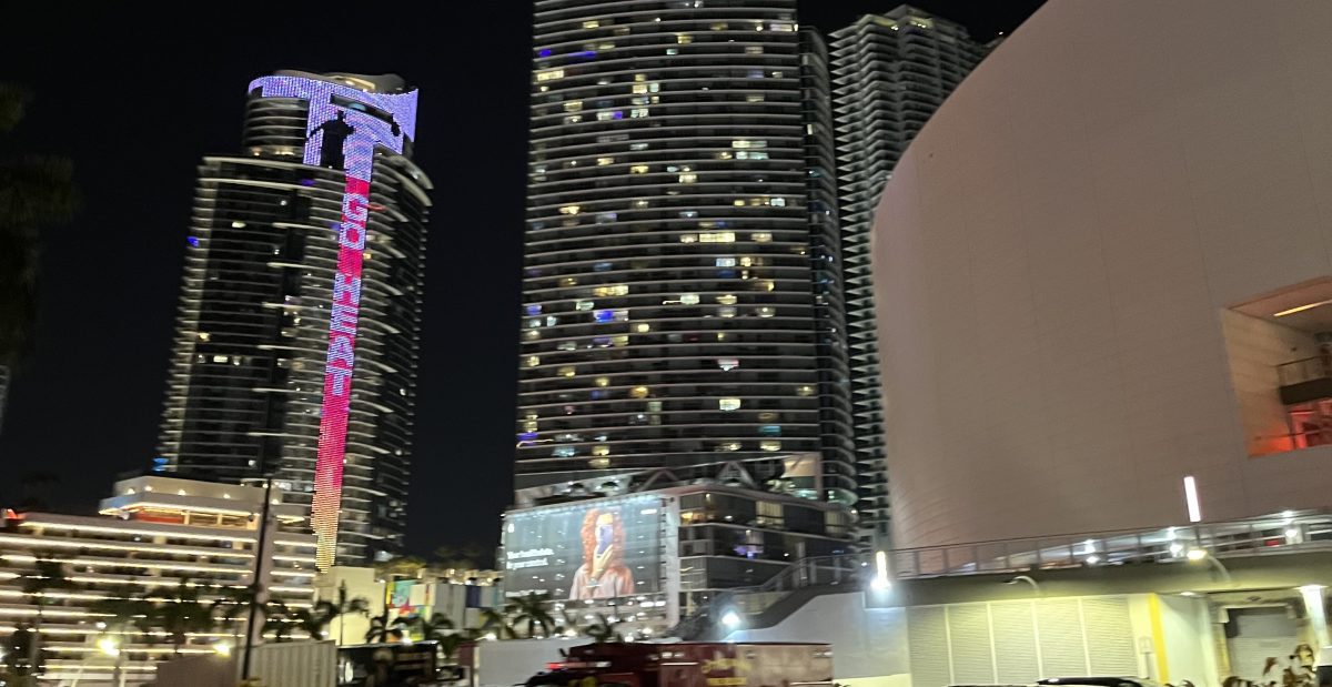 City at night with buildings