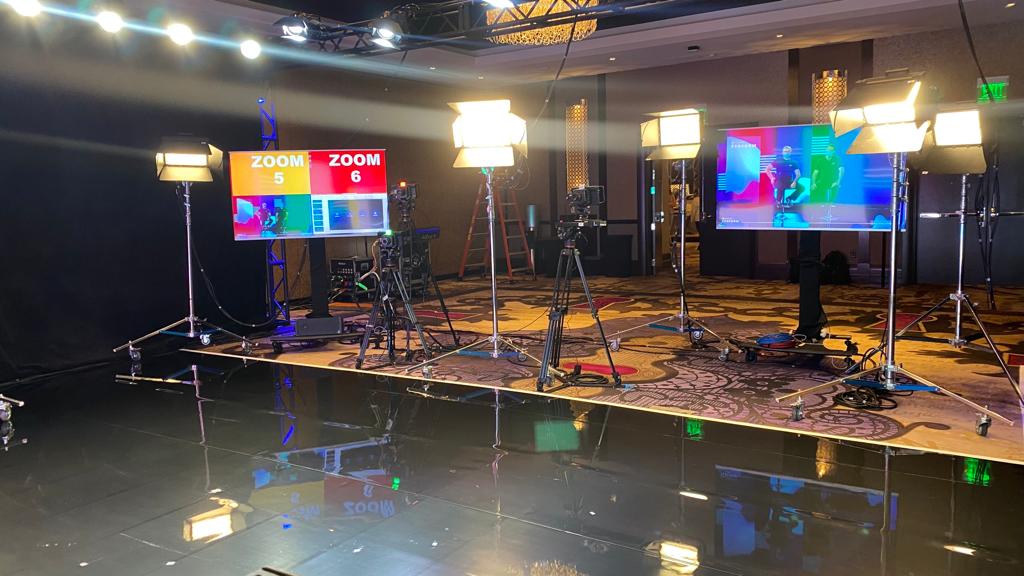 TV studio set with cameras, lights and screens
